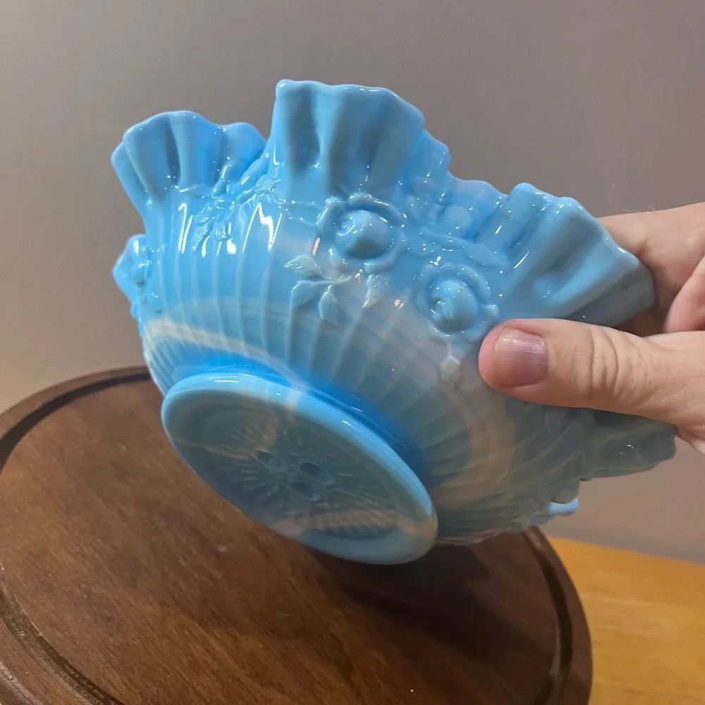 Vtg Fenton Blue Slag Glass Cabbage Rose Ruffled Edge Decorative Bowl 8